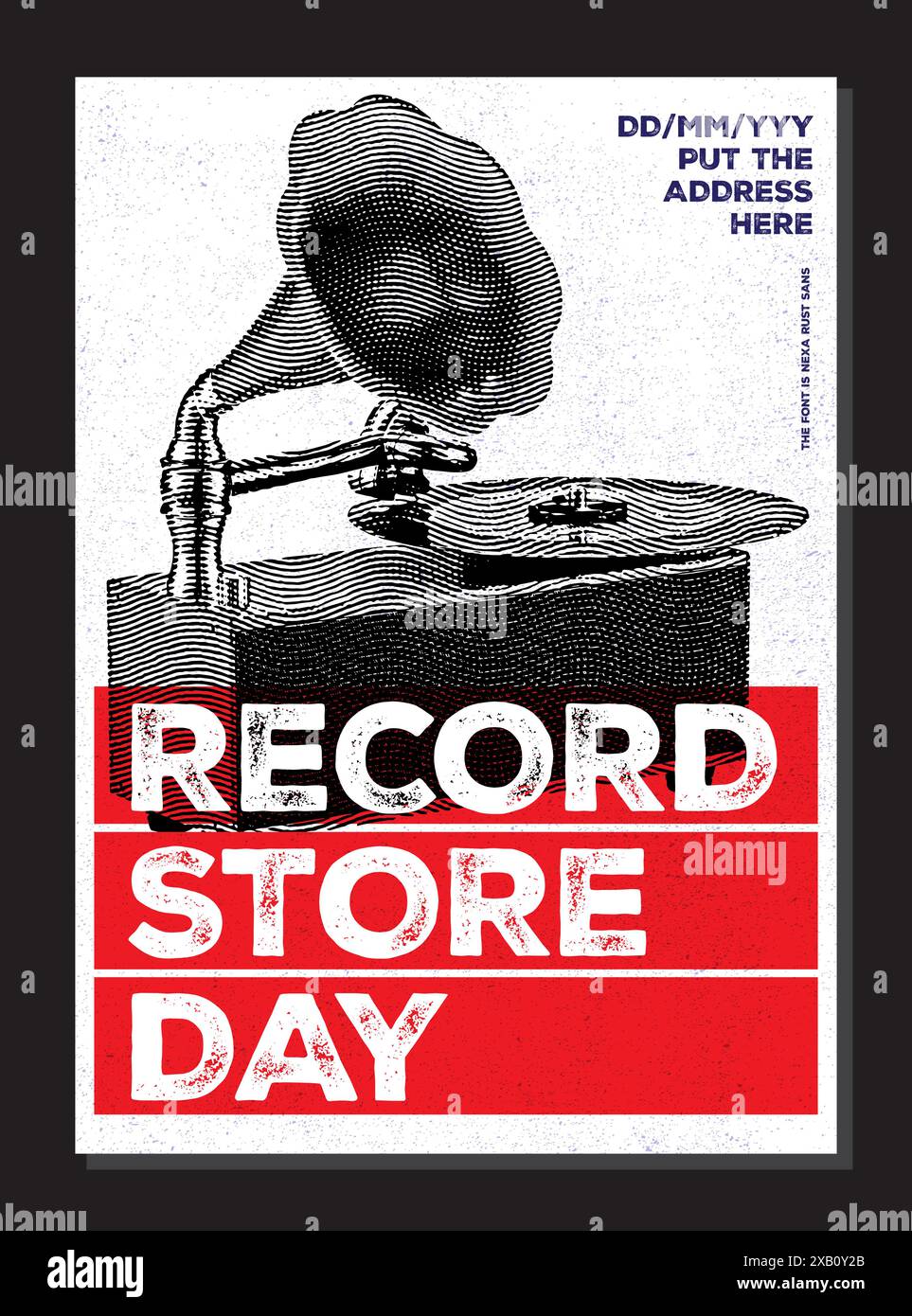 Affiche du jour du magasin de disques, événement musical, vente de vinyle au magasin de vinyle, célébration de sortie spéciale ou exclusive dans les magasins de disques ou magasins, circulaire de l'événement Illustration de Vecteur