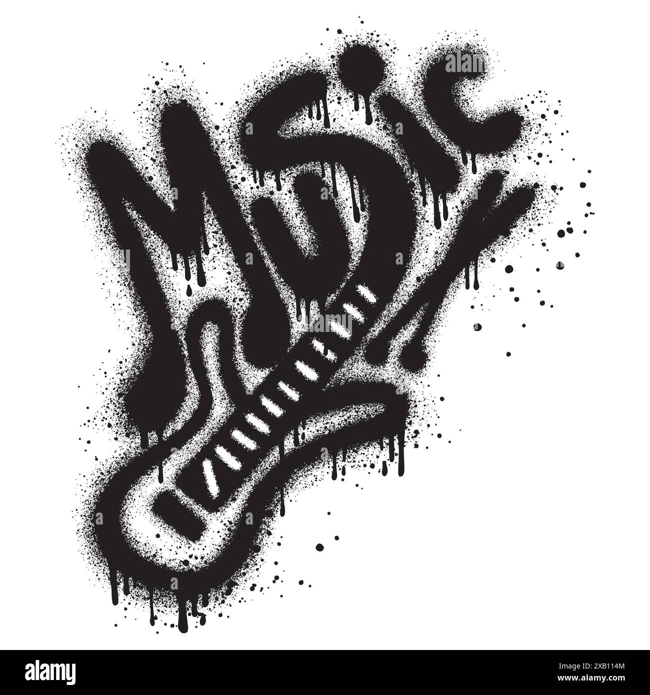 Guitare dans le style graffiti urbain avec texte de musique spray peint en noir. illustration vectorielle. Illustration de Vecteur