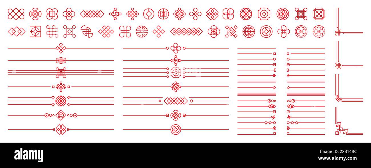 Motif chinois. Cadre pour ornement de ligne. Décoration d'angle de page orientale. Imprimé géométrique japonais ou coréen. Icônes plates avec contour rouge. Symboles traditionnels de Corée. Ensemble d'éléments asiatiques de conception minimale vectorielle Illustration de Vecteur