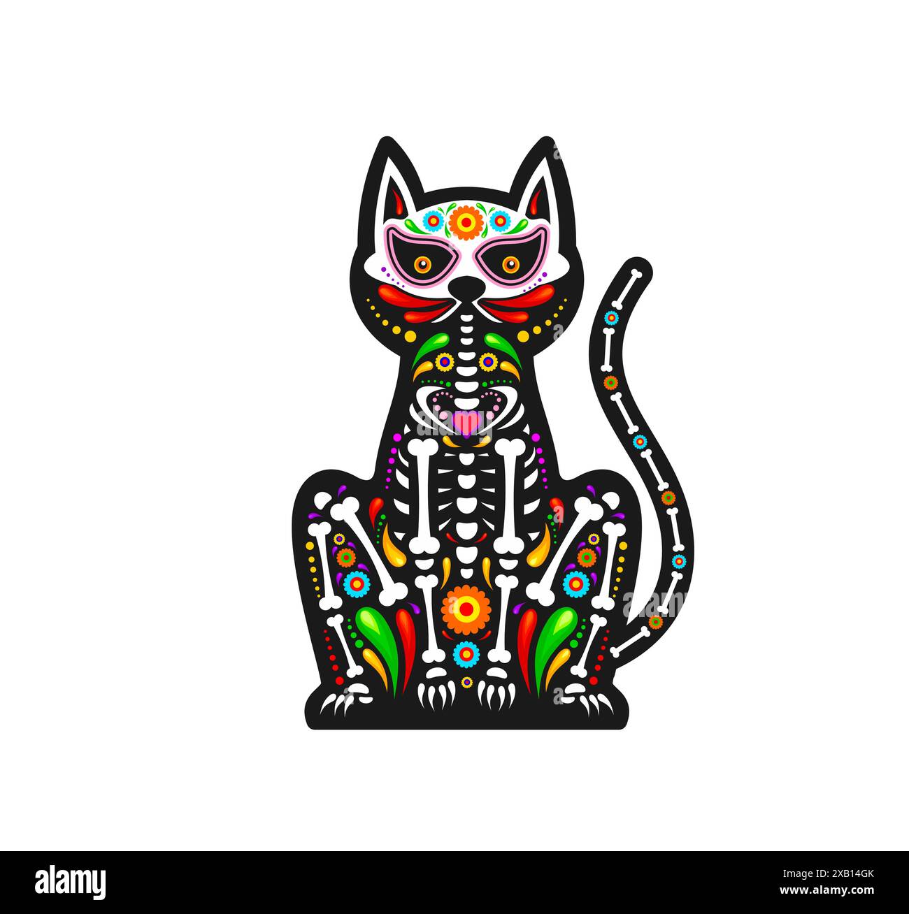 Journée mexicaine du tatouage de crâne de sucre animal de chat mort. Figure colorée d'animal de compagnie félin, avec des motifs riches et des os. Vecteur isolé Dia de Los Muertos chaton célèbre la mémoire des animaux de compagnie bien-aimés Illustration de Vecteur