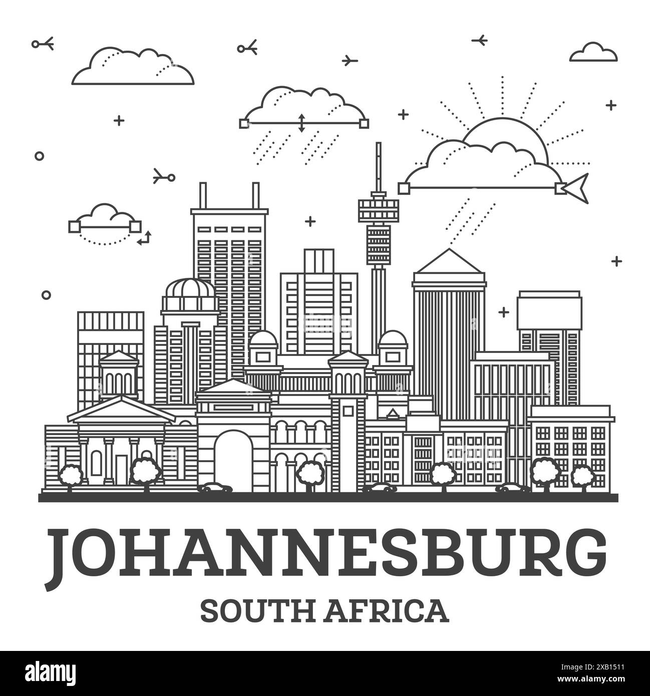 Aperçu Johannesburg South Africa City Skyline avec des bâtiments modernes et historiques isolés sur blanc. Illustration vectorielle. Paysage urbain de Johannesburg. Illustration de Vecteur