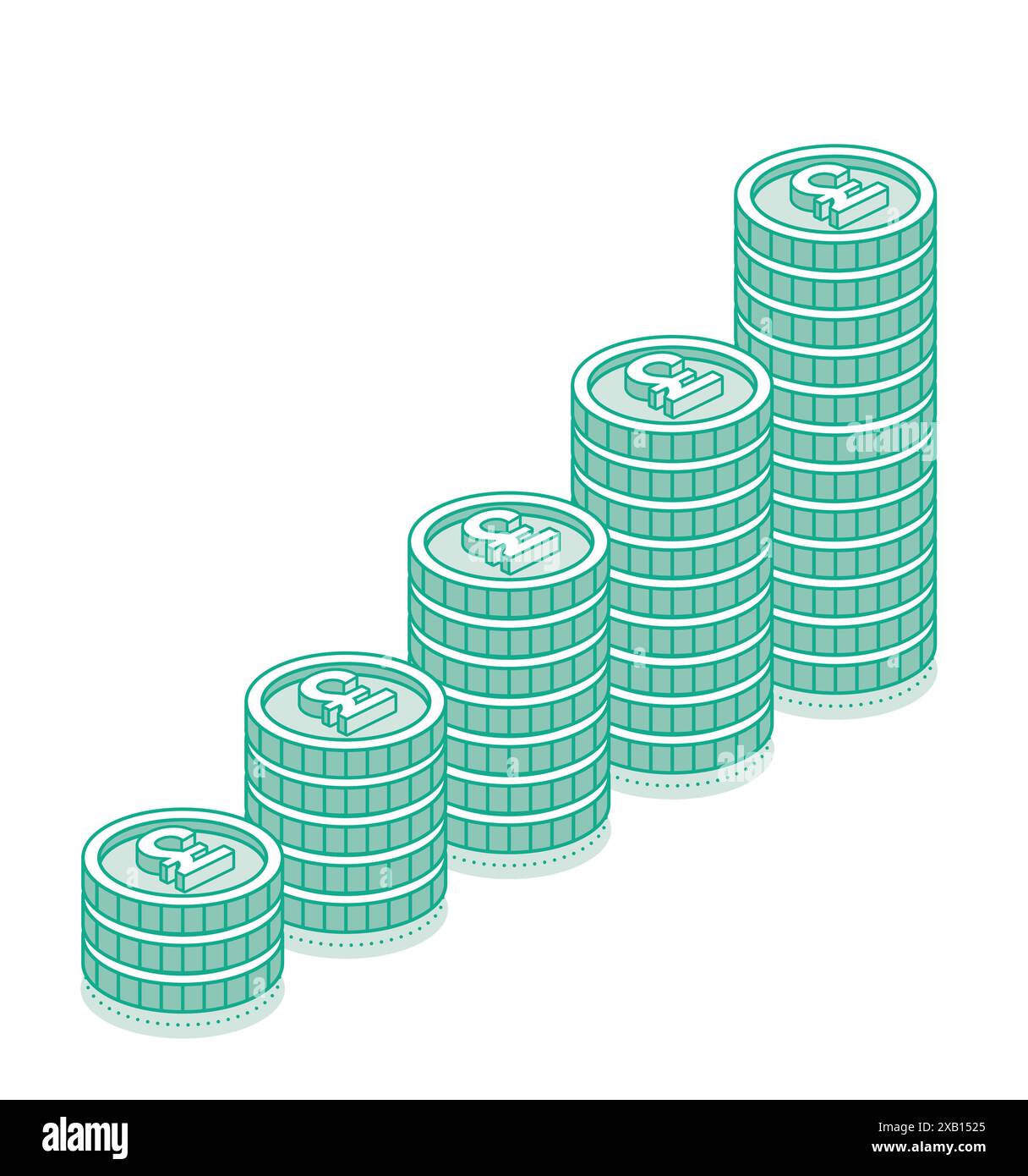 Piles de pièces isométriques en livre britannique. 3d espèces. Illustration vectorielle. Esquissez les objets isolés sur fond blanc. Icône ou symbole. Couleur verte. Illustration de Vecteur