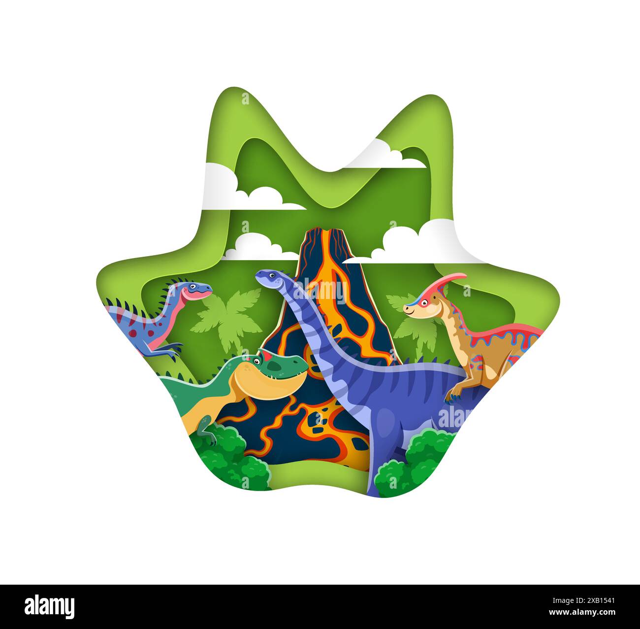 Empreinte de dinosaure préhistorique découpée en papier. cadre vectoriel 3d en forme de patte de dinosaure avec allosaurus, parasaulorophus, hypselosaurus et alectrosaurus espèces dans le paysage antique avec éruption du volcan Illustration de Vecteur