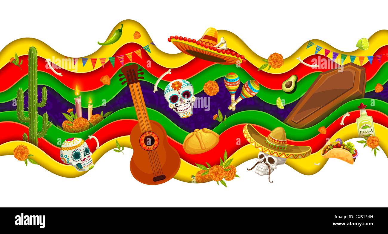 Mexicain Day of the Dead papier de vacances coupé bannière avec des crânes de sucre de bande dessinée, des fleurs et des os de squelette. Vector Dia de los Muertos Papercut couches ondulées, offrandes d'autel, sombrero, guitare et maracas Illustration de Vecteur