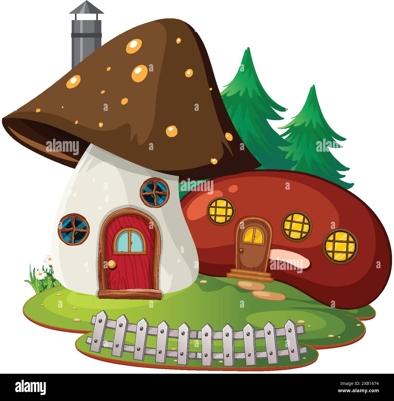 Charmantes maisons de champignons avec arbres et clôture Illustration de Vecteur