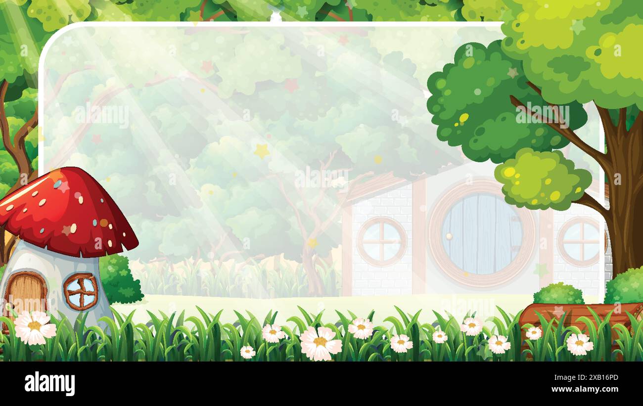 Charmante forêt avec cottages et verdure luxuriante Illustration de Vecteur