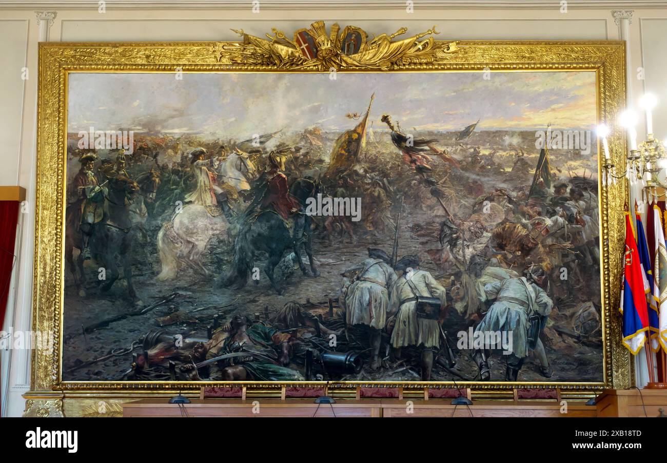 Tableau 'bataille de Zenta' par Franz Eisenhut, dans la salle du comté de Sombor, Serbie ; victoire militaire décisive des forces autrichiennes sur une armée ottomane à Z Banque D'Images