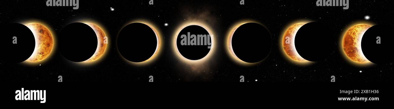 Univers, système solaire avec lune en éclipse étapes sur ciel sombre, étoiles et soleil avec lumière naturelle. Galaxie, monde et découvrir à explorer sur l'espace extra-atmosphérique Banque D'Images