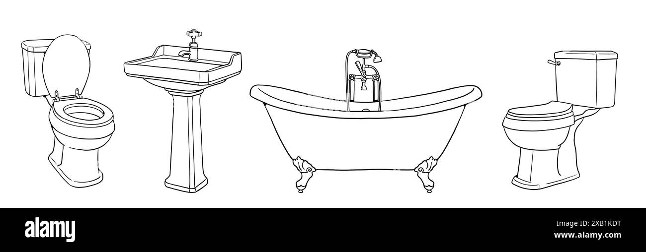 Dessin à la main avec éléments sanitaires : baignoire, lavabo et toilettes sur pied. Ensemble d'articles de bain et d'hygiène. Banque D'Images