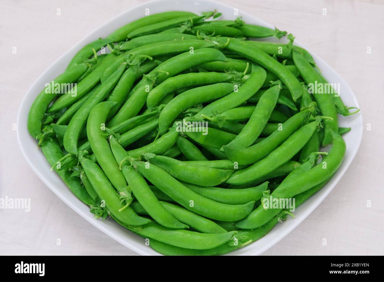 Pois verts dans une assiette sur fond blanc. Petits pois frais dans un bol. Bols de légumes. Banque D'Images