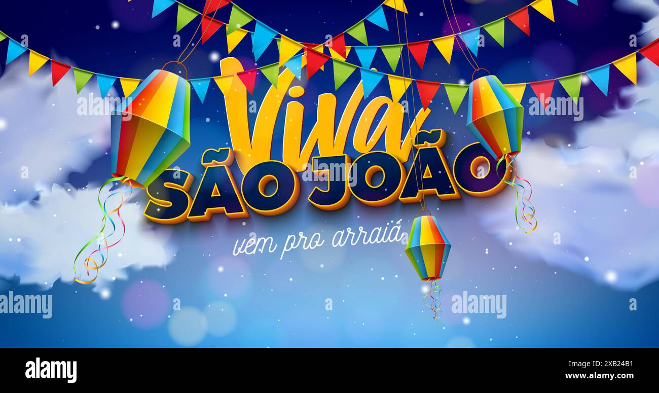 Illustration Festa Junina avec drapeaux de fête, lanterne en papier et lettrage Viva Sao Joao sur fond nuageux bleu. Vecteur Brésil juin traditionnel Illustration de Vecteur