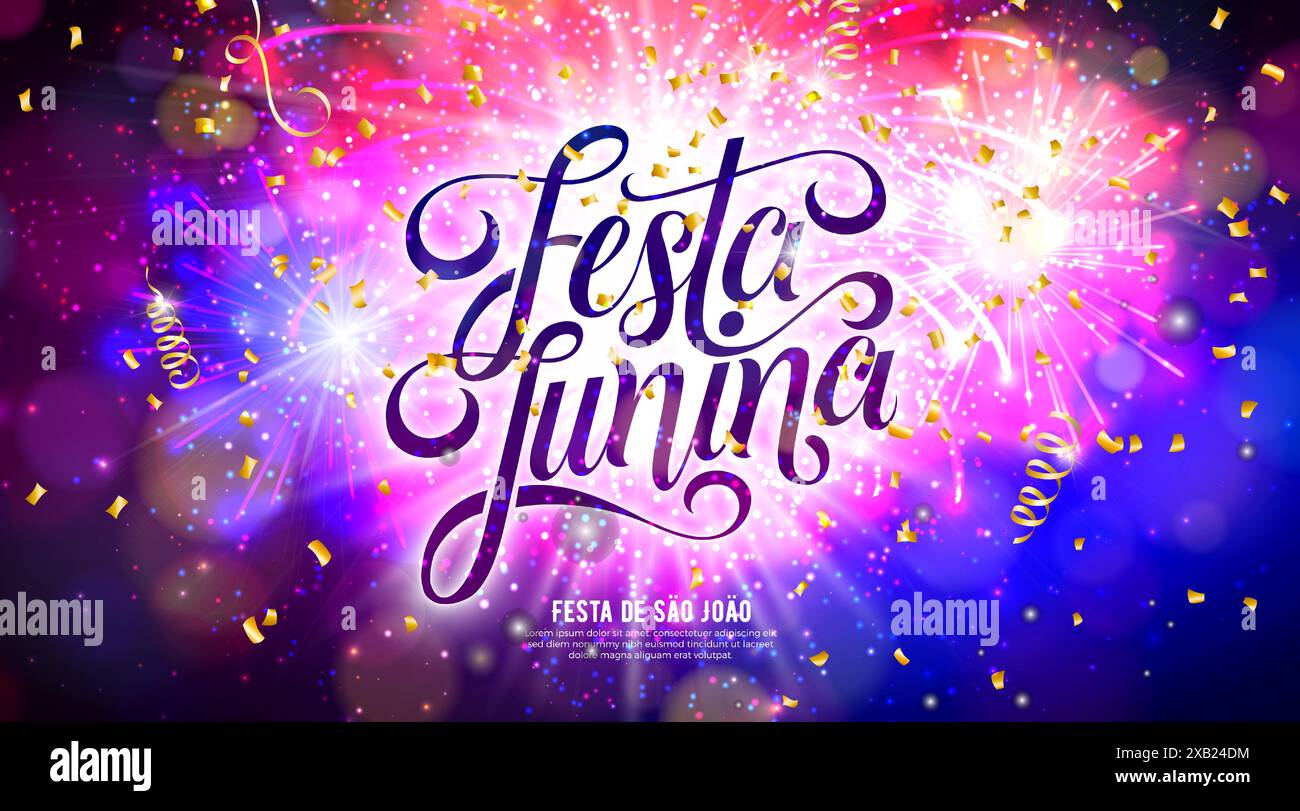 Festa Junina Celebration Banner illustration avec lettrage typographique sur fond de feux d'artifice lumineux. Vector Brazil June Sao Joao Festival Design Illustration de Vecteur