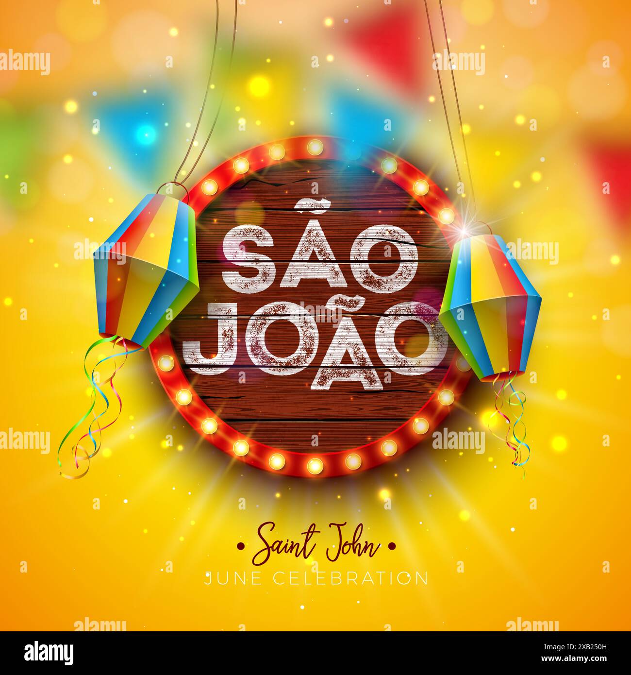 Festa Junina Illustration avec drapeaux de partie, lanterne en papier et 3D Sao Joao lettrage sur ampoule panneau d'affichage avec fond en bois. Vector Brésil juin Illustration de Vecteur