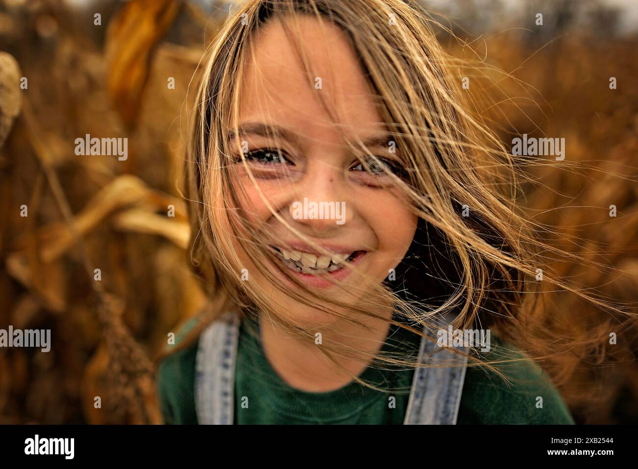 Portrait rapproché de la jeune fille heureuse dans le champ de maïs ensoleillé Banque D'Images