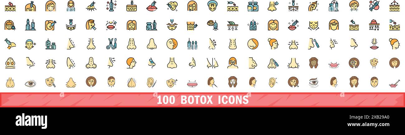 100 jeu d'icônes botox. Ensemble de lignes de couleur d'icônes vectorielles botox couleur de ligne mince plat sur blanc Illustration de Vecteur
