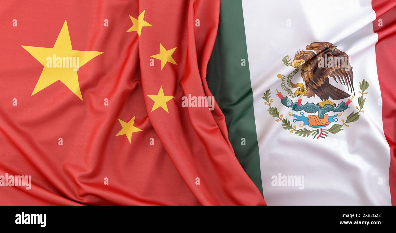 Drapeaux chinois et mexicains agités illustrant les relations entre les pays Banque D'Images