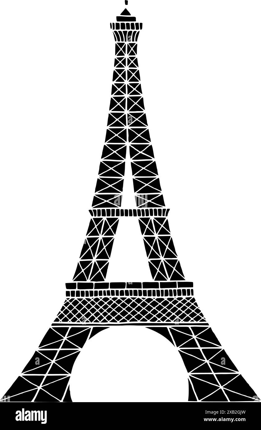 Silhouette de vecteur Tour Eiffel illustration dessinée à la main. Symbole de Paris. Dessin vintage peint par des encres noires pour icône, logo ou design Illustration de Vecteur