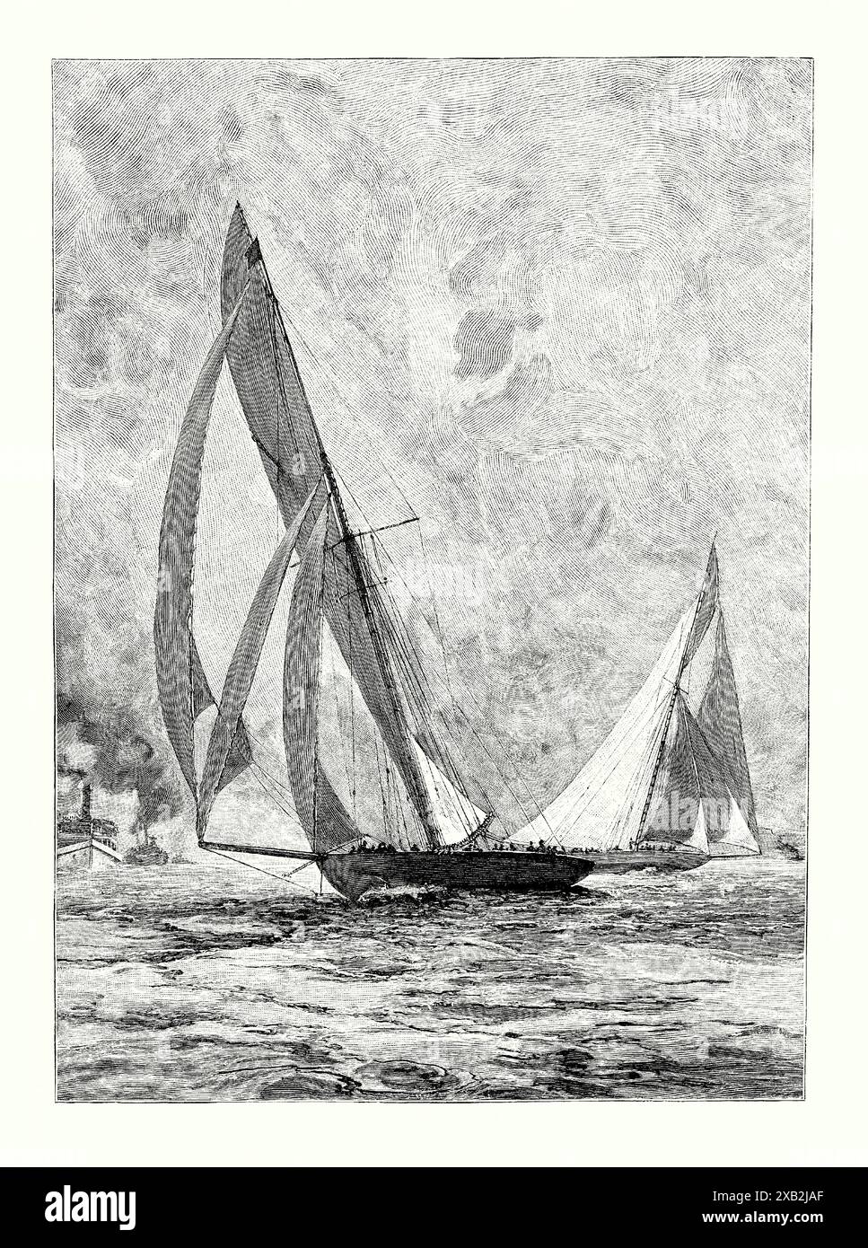 Une vieille gravure de «Shamrock II» et «Columbia» en course dans la Coupe de l'America 1901. Il est tiré d'un livre d'histoire victorienne de c.1900. La Coupe de l'America 1901 était le 11e défi de cette épreuve de voile. Il a eu lieu dans le port de New York et consistait en une meilleure série de cinq courses entre le yacht en défense Columbia, engagé par le New York Yacht Club pour la deuxième fois, et le sloop Shamrock II de Sir Thomas Lipton, représentant le Royal Ulster Yacht Club et le Royaume-Uni. Columbia a remporté trois courses, la dernière étant remportée avec handicap, et a conservé la coupe. Banque D'Images