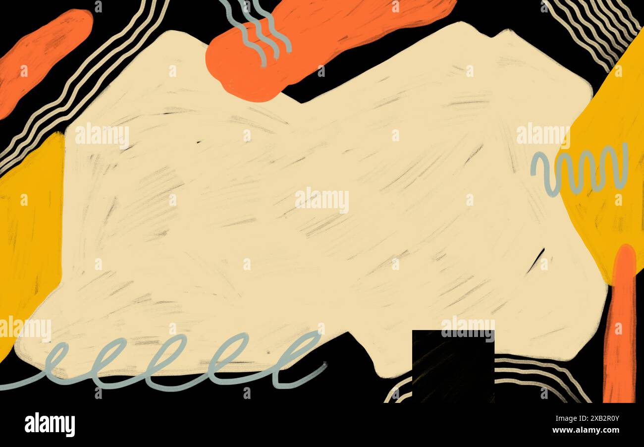 Cette œuvre d'art abstraite vibrante présente un mélange de formes et de griffonnages dans une palette de couleurs audacieuses, parfait pour un fond créatif. Banque D'Images