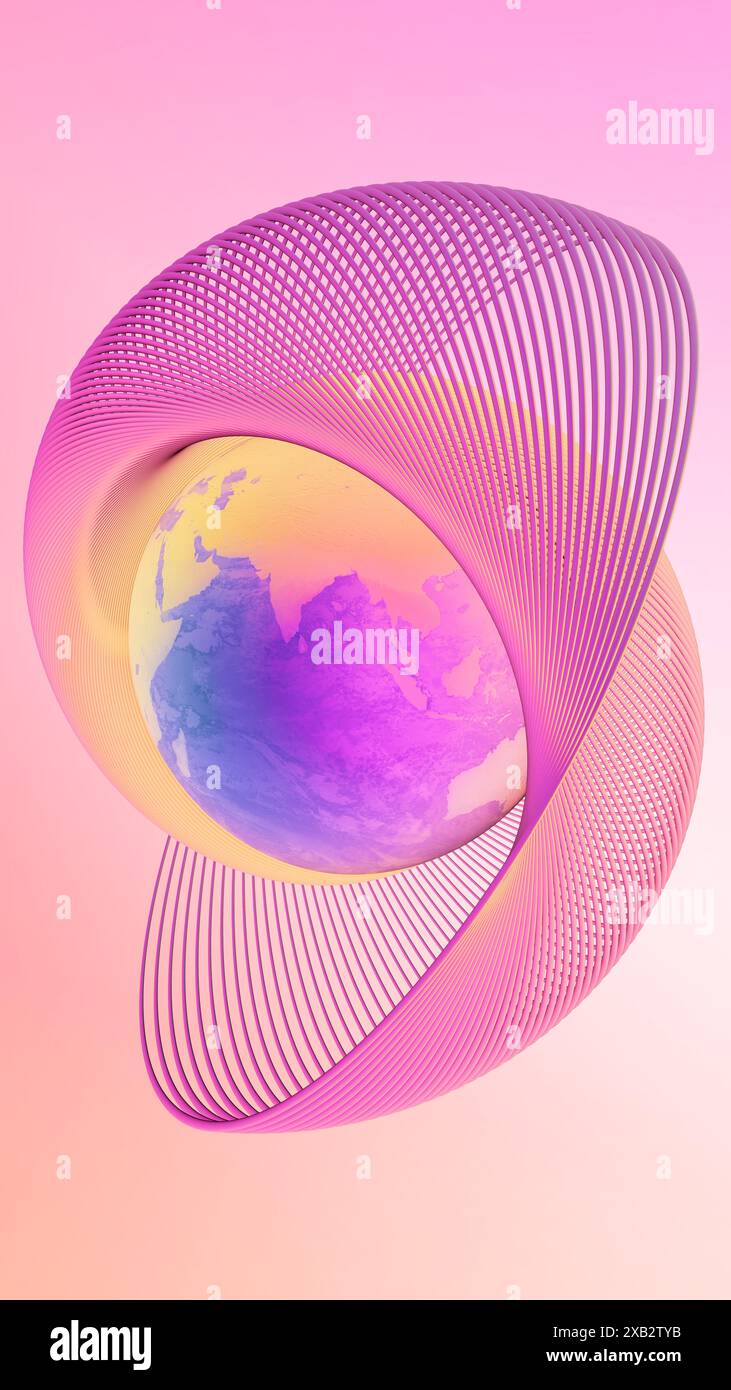 Illustration colorée d'un GeoModule - Sacred Geometry Flower enveloppant un globe avec un dégradé lisse, placé sur un fond rose vif Banque D'Images