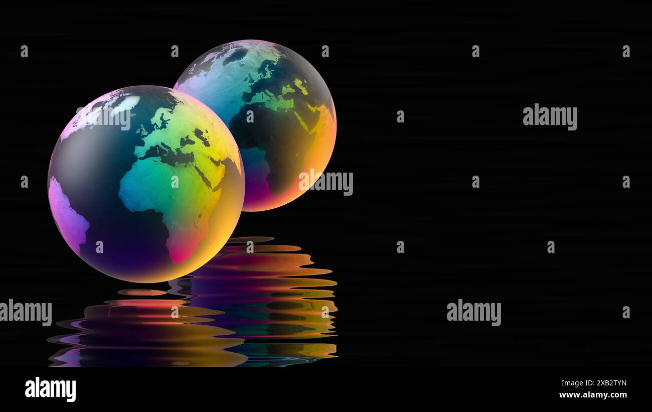 Rendu abstrait de deux globes terrestres vibrants avec une surface d'eau ondulée réfléchissante sur un fond sombre, symbolisant les concepts de GeoModule. Banque D'Images
