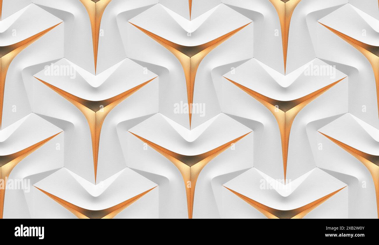 Panneaux futuristes en cuir gris et blanc 3d avec des éraflures dorées sur les bords d'une étoile à trois branches à la base de la forme texte sans couture de haute qualité Banque D'Images