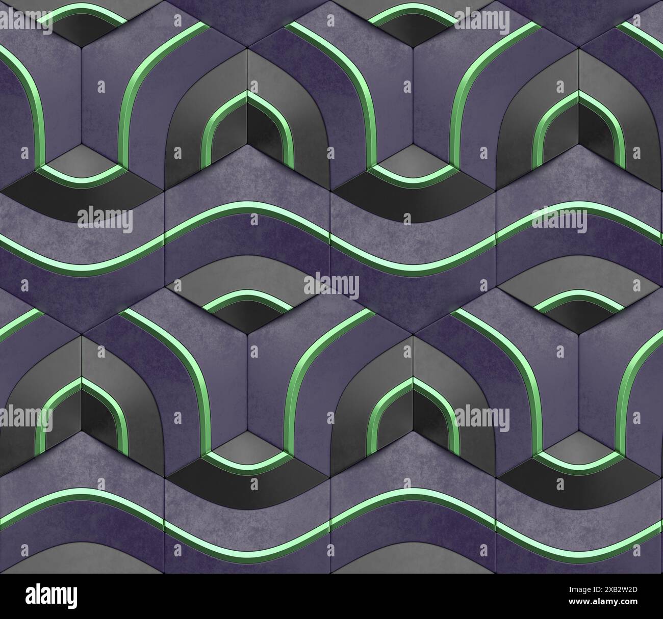 Motif géométrique complexe avec une illusion 3D avec un design continu et sans couture, soulignant une esthétique moderne dans les tons de violet et de vert Banque D'Images
