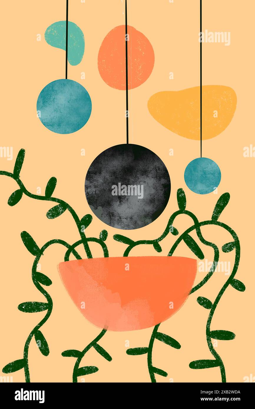 Illustration abstraite moderne avec des formes circulaires suspendues sur un fond pastel avec une plante stylisée dans un pot couleur pêche. Banque D'Images