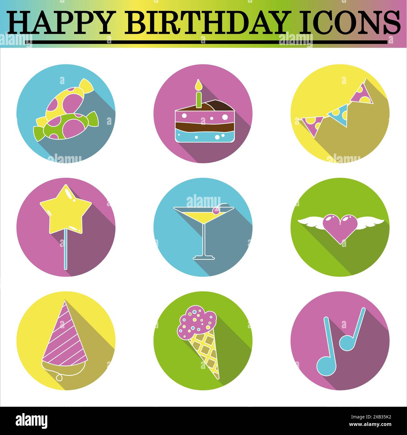 Ensemble d'icônes plates d'anniversaire avec ombre sur le fond blanc. Icônes de célébration. Vecteur isolé. Banque D'Images