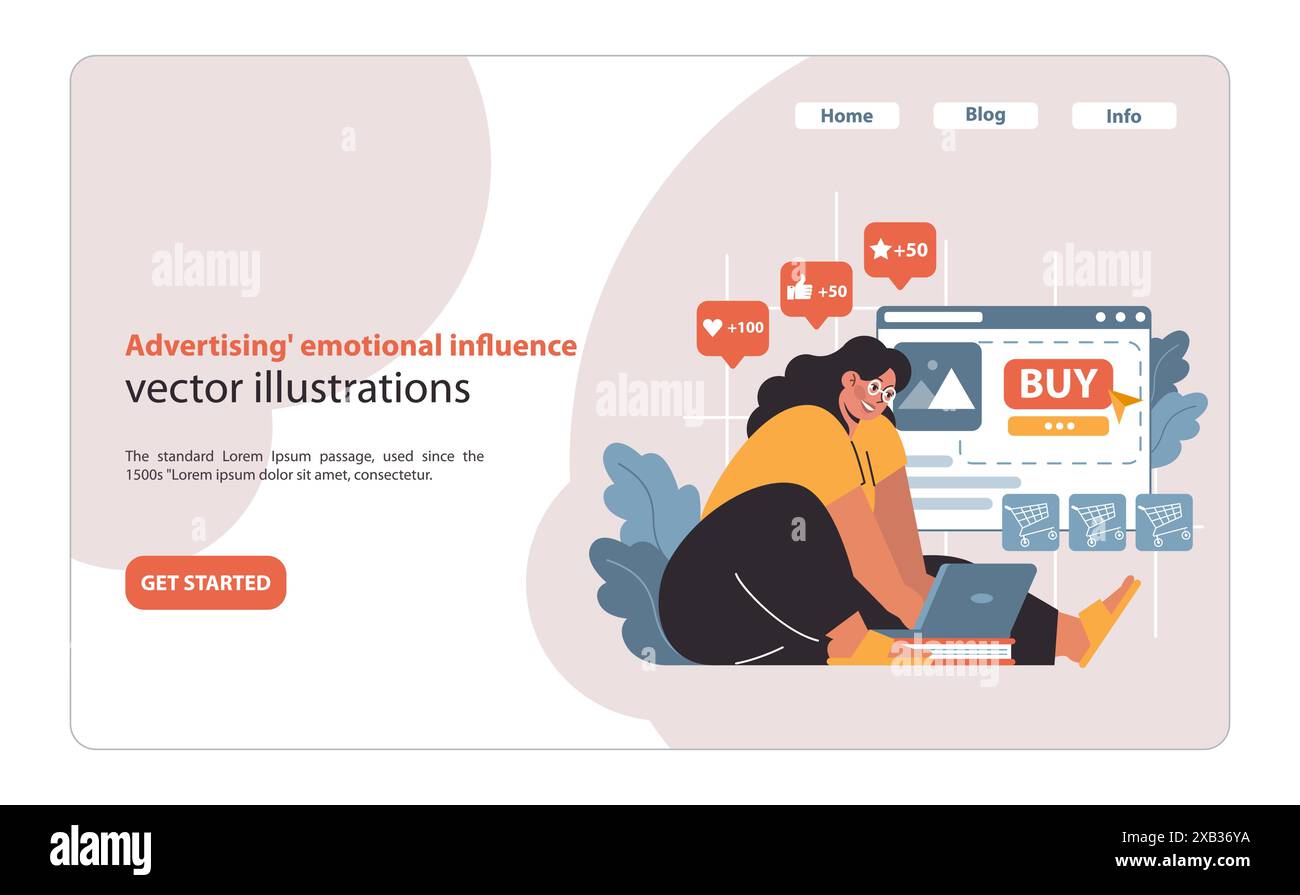 Un marketeur numérique puise dans le pouvoir de l’émotion, en utilisant la publicité native pour stimuler l’action des consommateurs et améliorer les expériences d’achat en ligne grâce à des campagnes ciblées. Illustration de Vecteur