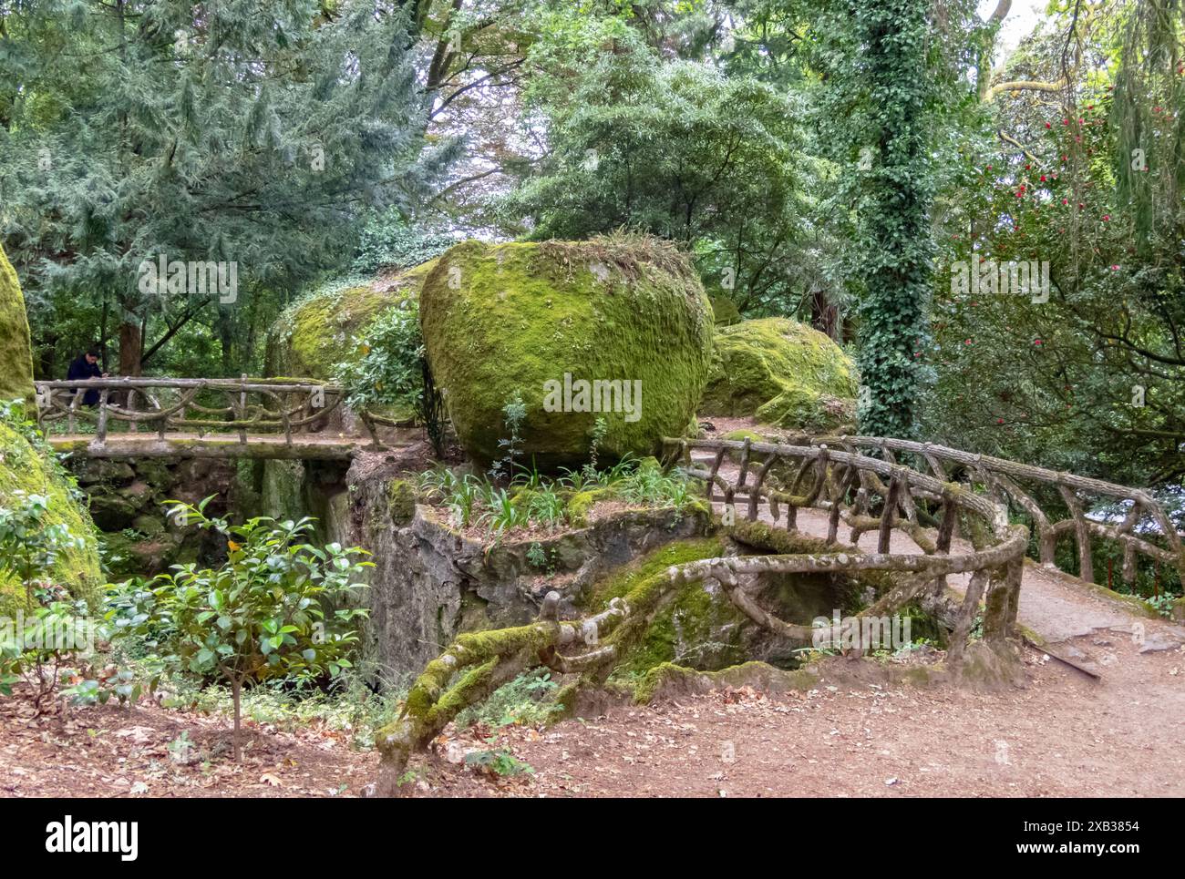 Paysage forestier avec de grands rochers moussseux et des sentiers pédestres clôturés dans le parc du lac du bon Jésus à Braga, Portugal. Banque D'Images