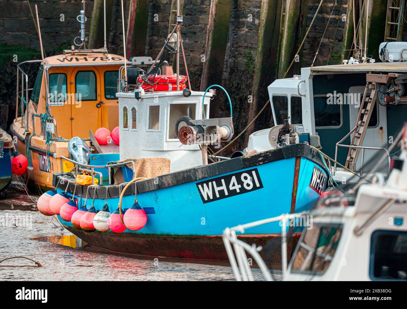 Petit bateau de pêche. Haut et sec. Marée basse à Bridport Harbour, West Bay, Bridport, Dorset, UK Banque D'Images