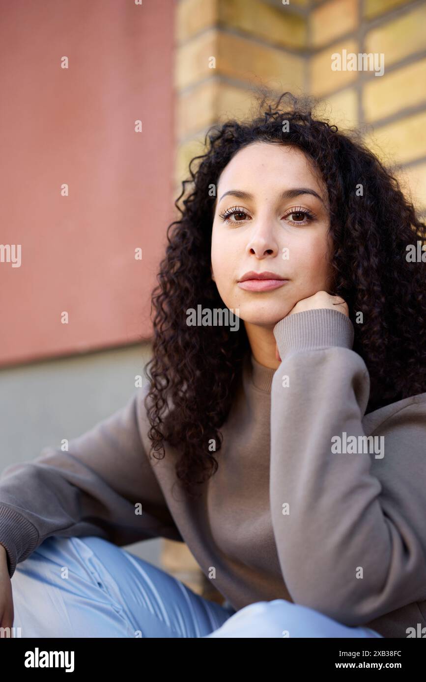 Belle jeune femme assise contre le mur Banque D'Images