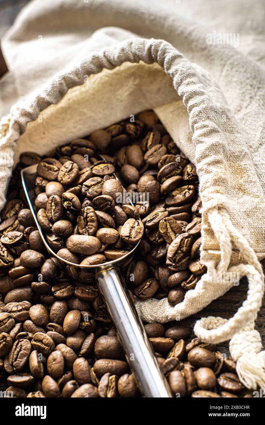Gros plan d'une cuillère de grains de café dans un sac Banque D'Images