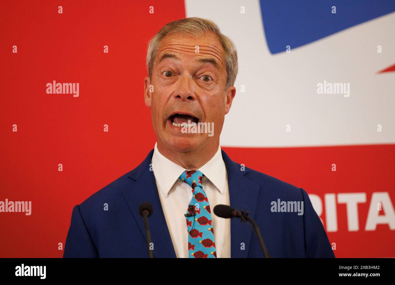 Londres, Royaume-Uni. 10 juin 2024. Nigel Farage, chef de la réforme lance sa politique économique à l'occasion de la Journée de la liberté fiscale. Le chef du Parti réformiste, Nigel Farage, lance la réforme des politiques économiques à PartyÕs approche des élections législatives du 4 juillet. Crédit : Mark Thomas/Alamy Live News Banque D'Images