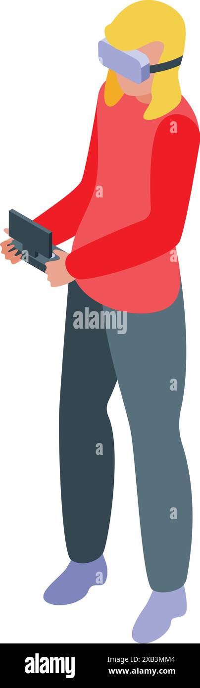 Une jeune femme portant un casque vr pilote un drone à l’aide d’une télécommande Illustration de Vecteur