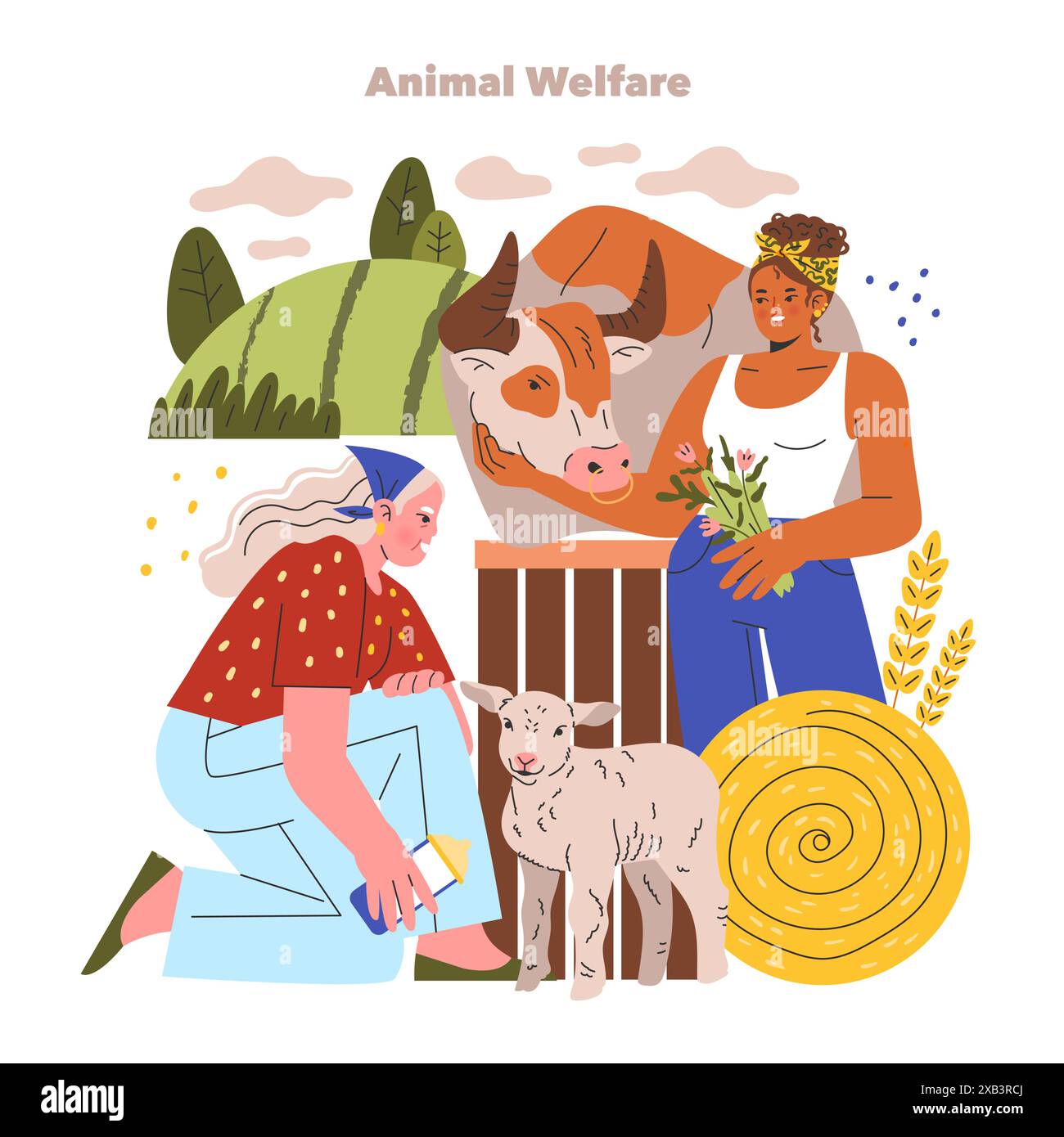 Concept de bien-être animal. Deux personnes qui s'occupent d'animaux de ferme dans un contexte rural, promouvant un traitement compatissant du bétail. Illustration vectorielle. Illustration de Vecteur