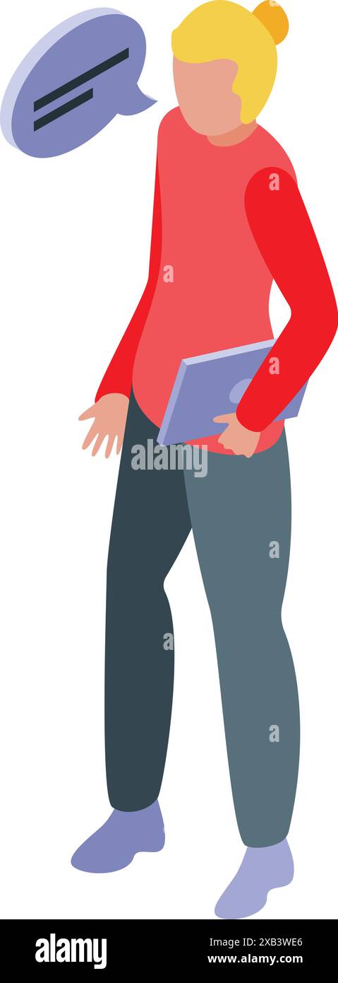 Illustration isométrique d'une jeune femme tenant une tablette et parlant Illustration de Vecteur