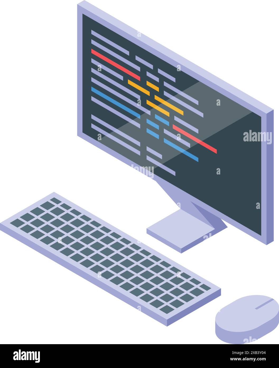 Affichage du code de programmation informatique sur écran avec vue isométrique du clavier et de la souris Illustration de Vecteur