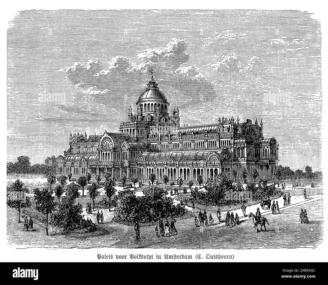 Le Paleis voor Volksvlijt d'Amsterdam, conçu par l'architecte Cornelis Outshoorn, était une salle d'exposition emblématique du XIXe siècle inspirée du Crystal Palace de Londres. Achevée en 1864, cette grande structure comportait une utilisation intensive du verre et du fer, incarnant les techniques architecturales innovantes de la révolution industrielle. La façade du bâtiment était ornée de détails complexes et de grandes fenêtres, créant un intérieur lumineux et aéré. Malheureusement, cette merveille architecturale a été détruite par un incendie en 1929. Le Paleis voor Volksvlijt reste une partie importante de la cultura d'Amsterdam Banque D'Images