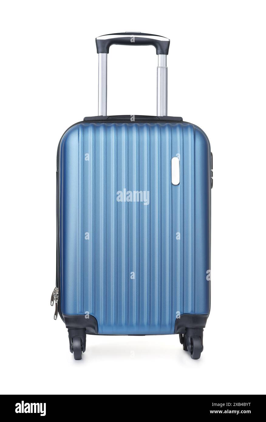 Vue avant de la valise de spinner en plastique bleu isolée sur blanc Banque D'Images