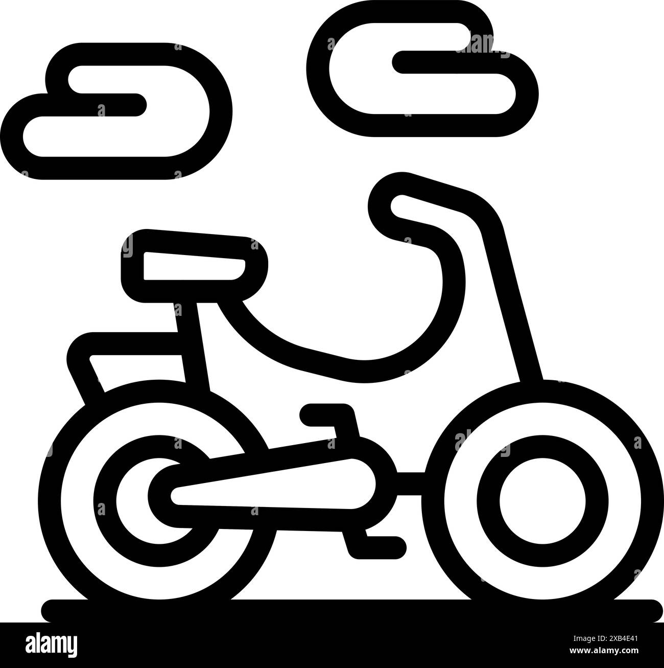 Simple dessin au trait d’un cyclomoteur garé sous un ciel nuageux, évoquant un sentiment de liberté et de mobilité urbaine Illustration de Vecteur