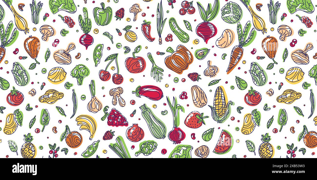 Légumes et fruits en couleur. Motif de doodle dessiné à la main sans couture sur fond sombre. Illustration pour fond, carte, affiche, bannière, prin textile Illustration de Vecteur