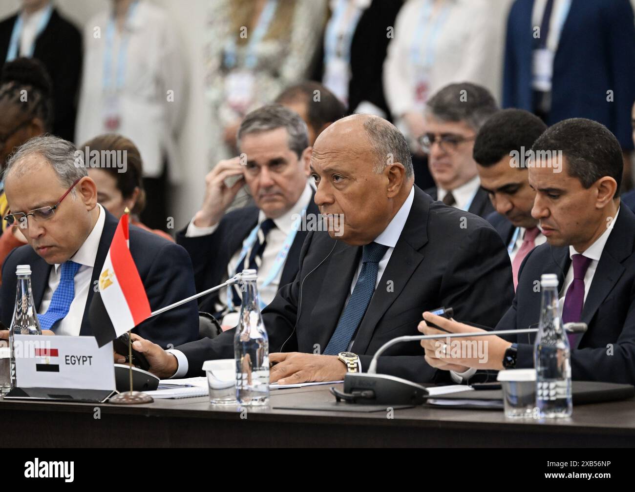 Nijni Novgorod, Belgique. 10 juin 2024. Réunion des ministres des Affaires étrangères des pays BRICS. Ministre russe des Affaires étrangères de l'Egypte Sameh Shoukry (au centre) pendant la réunion. 10.06.2024 Russie, région de Nijni Novgorod, Nijni Novgorod crédit photo : Igor' Ivanko/Kommersant/Sipa USA crédit : Sipa US/Alamy Live News Banque D'Images