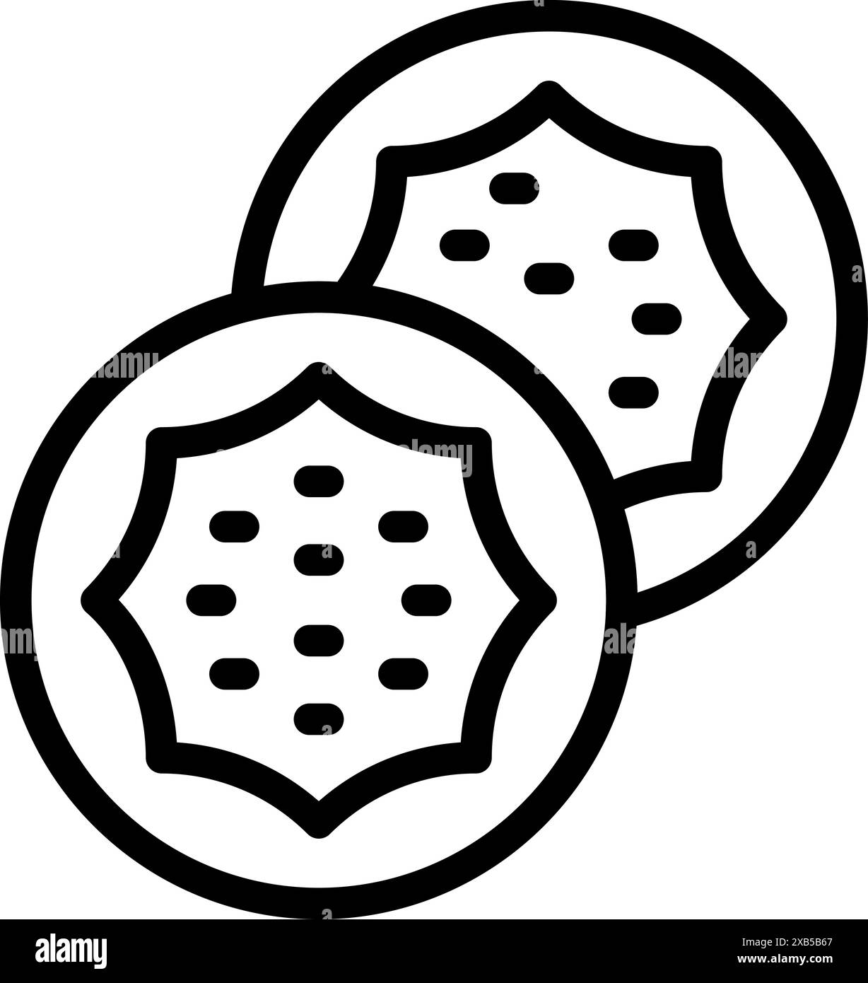 Dessin simple en noir et blanc de deux biscuits avec des pépites de chocolat, parfait pour représenter la cuisson Illustration de Vecteur