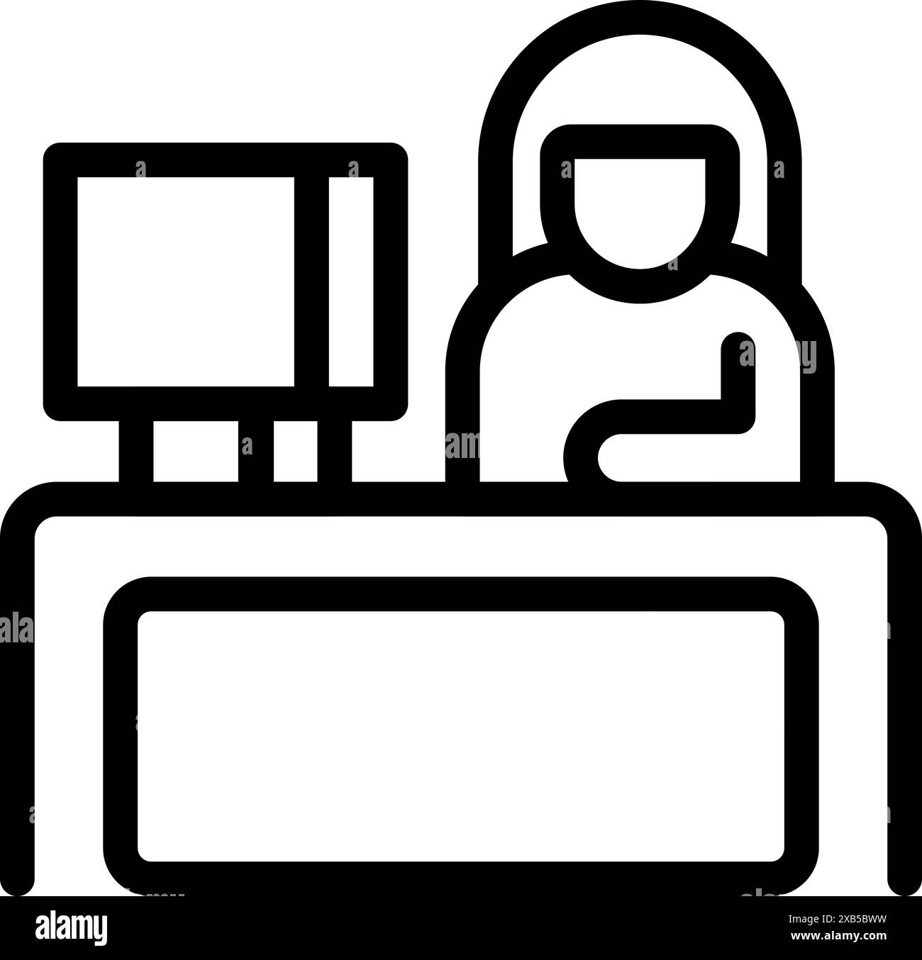 Icône de ligne d'une réceptionniste travaillant à son bureau avec un ordinateur dessus Illustration de Vecteur