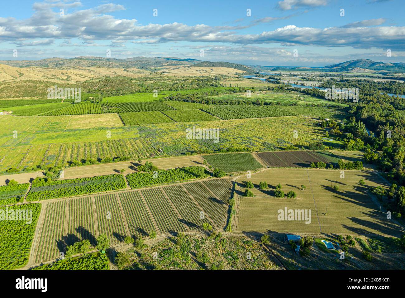 Vue aérienne de la rivière Rio Maule, coulant à travers le paysage agricole, centre du Chili Banque D'Images