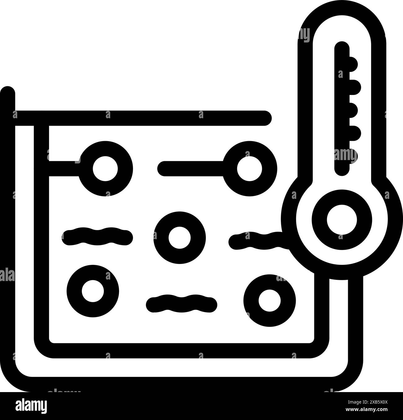 Icône de ligne d'un thermomètre de laboratoire mesurant les changements de température au cours d'une expérience avec une boîte de Pétri Illustration de Vecteur