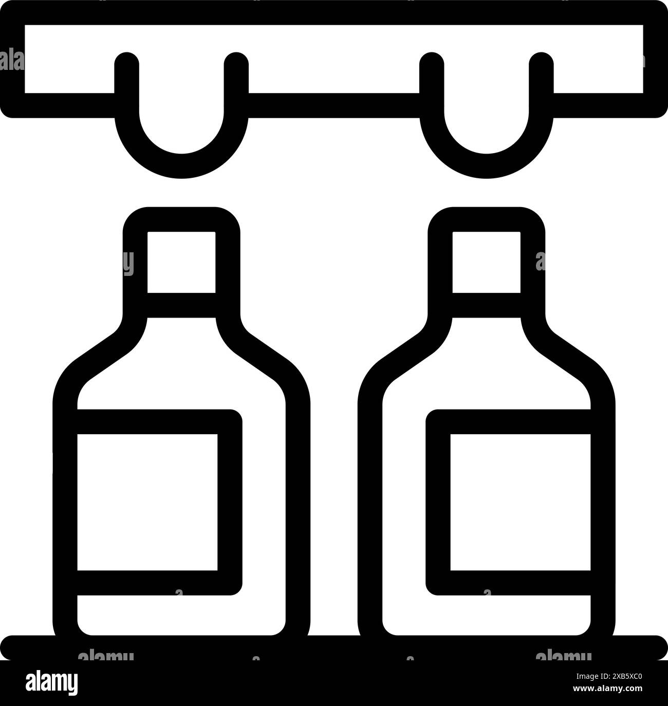 Icône de contour noir d'une bande transporteuse de ligne de production d'usine contenant deux bouteilles Illustration de Vecteur