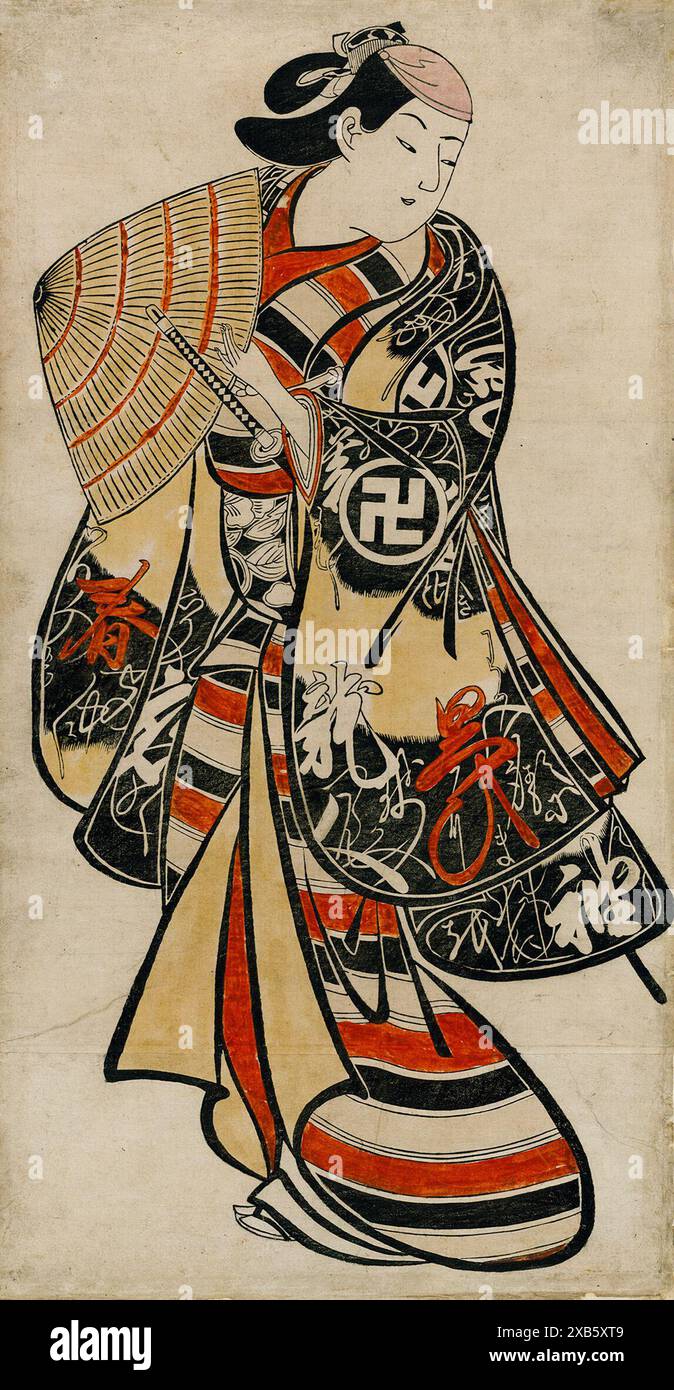 Gravure sur bois de Torii Kiyonobu I (vers 1707) montre l'acteur Takii Hannosuke dans un rôle efféminé, portant un kimono vibrant et tenant un parapluie orné. Banque D'Images